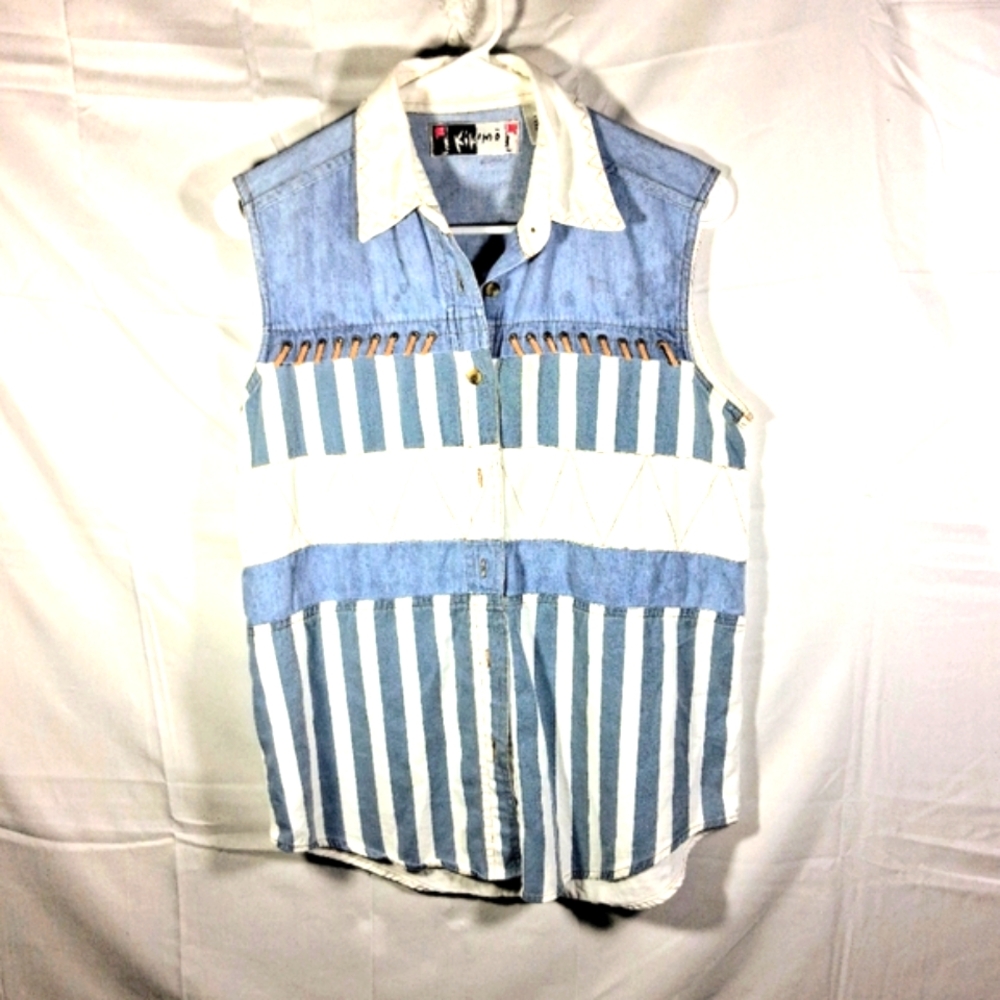 Women's Small Kikomo Vintage Western Boho Blue and White Striped Sleeveless Top